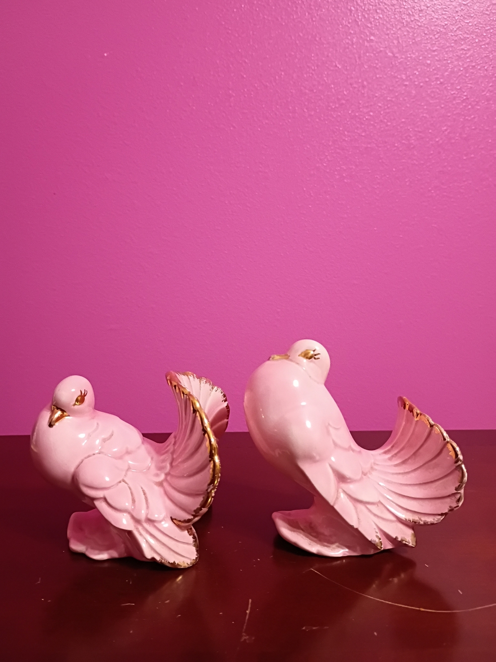 Pink Ceramic Dove Figurine Pair with Gold Trim - Decorative Home Accents